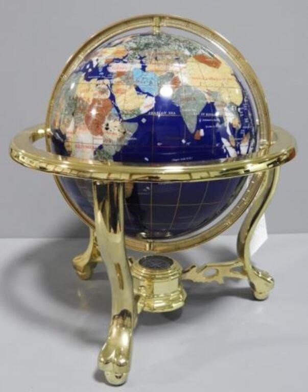 14" Tall Blue Lapis Ocean Gemstone Globe with