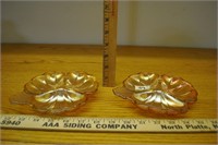 2 divided glass peach luster trinket dishes