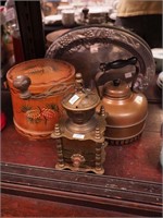 Vintage brass coffee grinder; brass tea kettle;