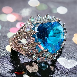 Sky Blue Topaz Color Heart on Fire Ring