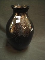 Van Briggle 13" black vase embossed with ferns