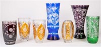 Lot of 7 Colorful Glass and Crystal Vases.