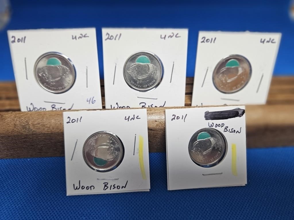 5- 2011 WOOD BISON 25 CENT COINS