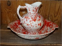 Red speckle wash bowl pitcher 9"H