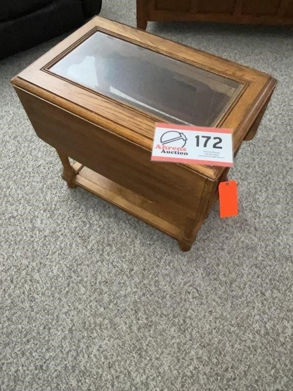 Drop Leaf glass top side table 24” T x 25” W