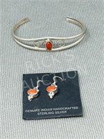 Navajo sterling bracelet & earrings w/ red coral