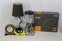 Blender, Heated Blanket, Clock & Lamp