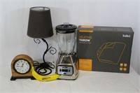 Oster Blender, Heated Blanket, Mantel Clock & Lamp