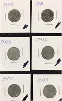 6 Steel Pennies .. 1943, 1943D, 1943S .. 2 each