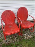 Pair of red all metal vintage lawn chairs