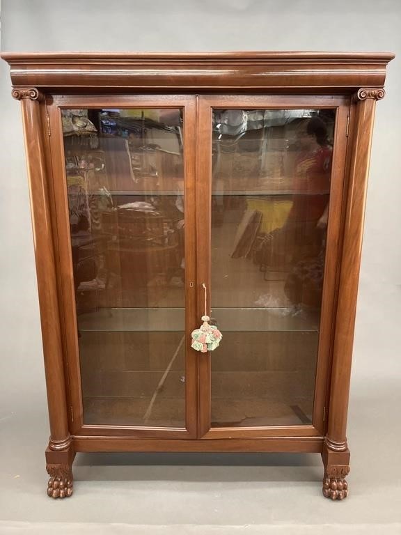 Neoclassical walnut display cabinet