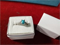 Size 6 Silvertone Ring w/ Blue Stone New