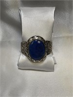 Lapis and Scroll Worked .925 Hinged Bracelet