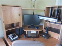 office desk, chair, lights, monitor