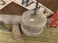 2 X WOODEN PULLEYS & CAST IRON BRICK