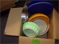 big box of pans, jello molds, strainer, tupperware