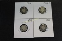 4 SILVER BARBER DIMES