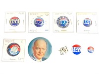 9 Political Campaign Buttons, Pin- Ike, Eisenhower