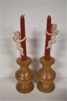 Vintage Carved Wood Candlesticks w/Cherub Huggers