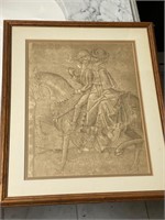 FRAMED PRINT OF TWO PEOPLE ON HORSE BACK