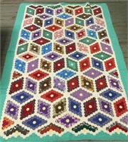 Multi Color Hand Sewn Quilt With Turquoise Border
