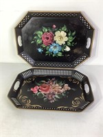 Vintage Metal Serving Tray with Flowers