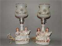Pair of Antique Porcelain Boudoir Figural Lamps