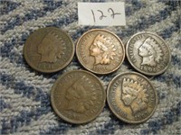 5 Pc 1891-1907 Indian Head Cents