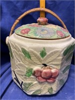 Majolica Floral Biscuit Jar with Rattan Handle