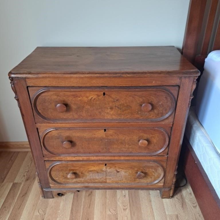 Antique 3 Drawer Burl Walnut Dresser