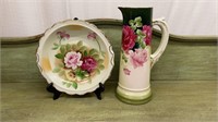 Tall Vintage Floral Roses Tankard Pitcher, Handle