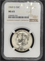 1969-D Silver Kennedy Half Dollar coin NGC MS65