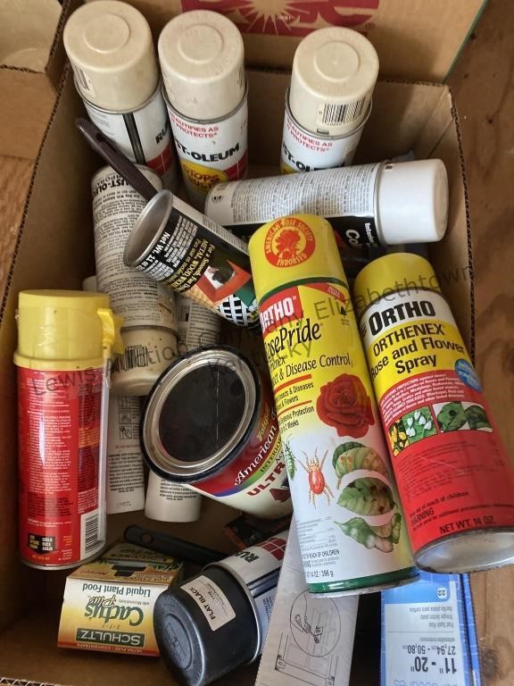 2 box lot of paint, paint rollers, blinds ,