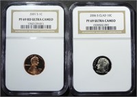 2001-S CENT RD & 2006-S DIME NGC PF69UC