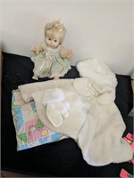 Vintage doll, blanket and fur shawl with gloves