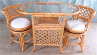 RATTAN BAMBOO/GLASS DINETTE TABLE*2 SWIVEL CHAIRS