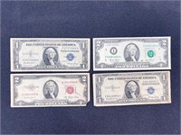 US Currency $1 Dollar Silver Certificates & $2 Red