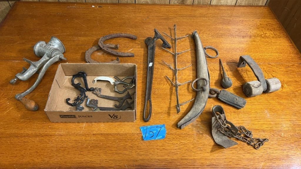 Antique tools, hooks, Climax #51 meat grinder
