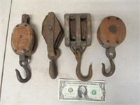 4 Antique/Vintage Wood & Metal Pulleys