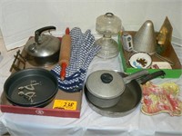 OVEN MITTS, POTS AND PANS, OIL LAMP, ROLLING PIN,