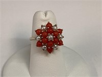 14K Gold Coral & Pearl Cluster Ring