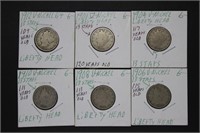 Six Liberty Head V nickels: 1901, 1904, 1906,
