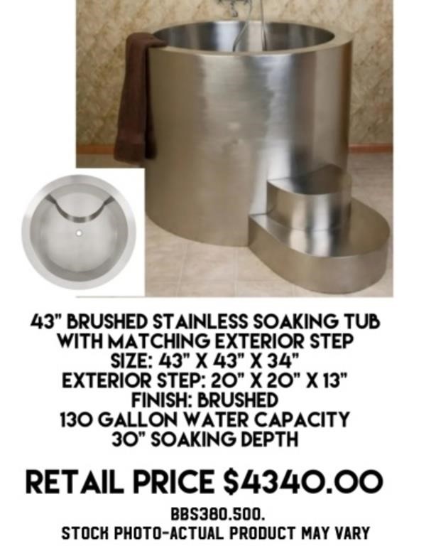 43" Brushed Stainless Soaking Tub w/ Step