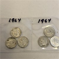 SILVER Roosevelt Dime Lot x 6 1964