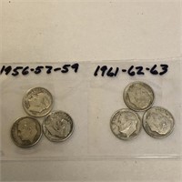 SILVER Roosevelt Dime Lot x 6 1956-1963