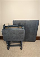 Blue Folding Card Table and (4) TV Tables