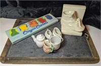 Lot with vintage chalkboard, tiny tea set, crayon