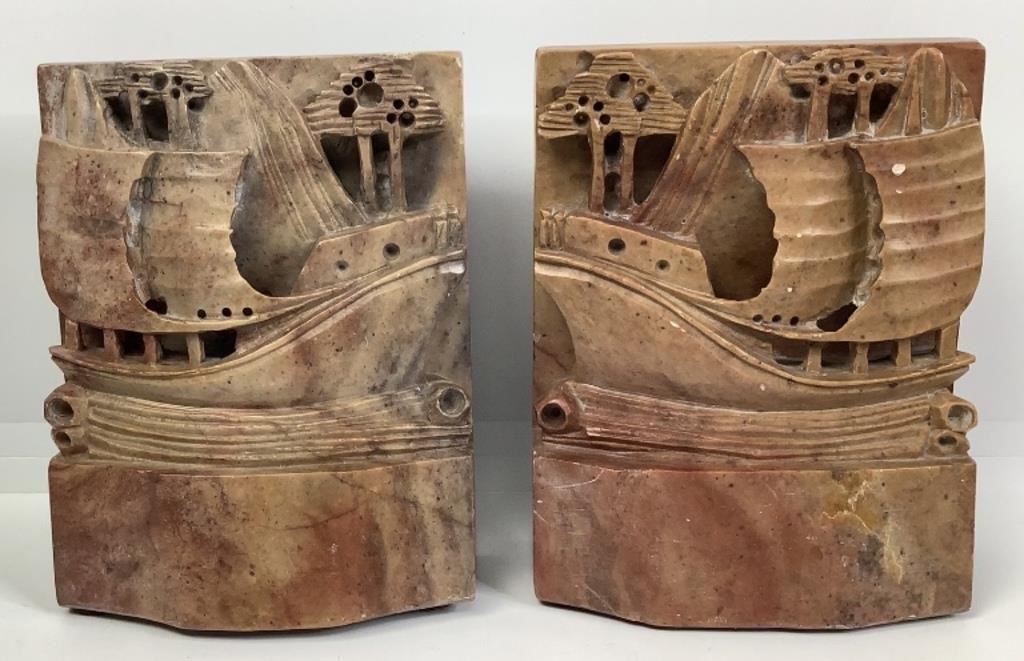 Carved Soapstone Ship Motif Bookends