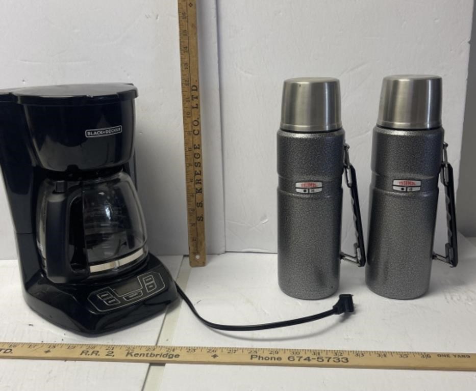 Black & Decker coffee maker and two thermos