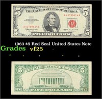 1963 $5 Red Seal United States Note Grades vf+